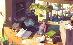 Rule 34 | 1girl, blue eyes, bonsai, book, brown hair, bucket, day, highres, long hair, open book, oright, original, palette (object), plant, potted plant, scenery, sitting, solo