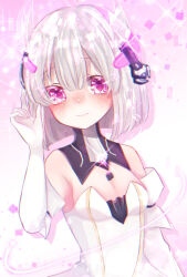 Rule 34 | 1girl, black collar, breasts, closed mouth, collar, detached collar, dress, elbow gloves, gloves, gown, grey hair, headgear, headphones, highres, liv: luminance (punishing: gray raven), liv (punishing: gray raven), medium hair, misoso 25, pink eyes, punishing: gray raven, small breasts, solo, white dress, white gloves