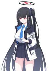 Rule 34 | 1girl, black hair, black jacket, black skirt, blue archive, blue necktie, blush, breasts, bright pupils, button gap, collared shirt, commentary request, halo, highres, jacket, large breasts, long hair, looking at viewer, multicolored clothes, multicolored jacket, necktie, pleated skirt, projectorzero, red eyes, rio (blue archive), shirt, shirt tucked in, side ponytail, skirt, solo, very long hair, white jacket, white pupils, white shirt