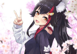 Rule 34 | 1girl, :d, animal ear fluff, animal ears, animal print, black hair, black hoodie, blurry, blurry background, blurry foreground, branch, breasts, brown eyes, depth of field, flower, hair ornament, hand up, highres, hololive, hood, hood down, hoodie, konkito, long hair, long sleeves, multicolored hair, ookami mio, ookami mio (casual), open mouth, orange eyes, pink flower, red hair, sidelocks, sleeves past wrists, small breasts, smile, solo, streaked hair, upper body, v, virtual youtuber, white flower, wolf ears, wolf girl