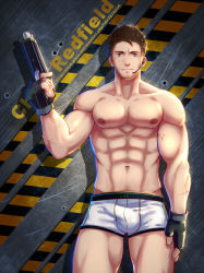 Rule 34 | 1boy, abs, bara, biceps, boxer briefs, brown hair, bulge, character name, chris redfield, cowboy shot, facial hair, fingerless gloves, gloves, gun, hand up, holding, holding gun, holding weapon, looking at viewer, male focus, male pubic hair, male underwear, microphone, muscular, muscular male, navel, navel hair, nipples, pectorals, pubic hair, resident evil, resident evil 5, short hair, solo, stubble, thick thighs, thighs, underwear, underwear only, veins, weapon, white male underwear, yzpyn