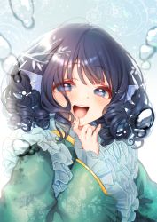 Rule 34 | 1girl, :d, air bubble, blue background, blue eyes, blue hair, blush, bubble, commentary request, drill hair, fins, frilled kimono, frilled sleeves, frills, green kimono, hand up, head fins, highres, japanese clothes, kimono, long sleeves, looking at viewer, mermaid, mokokiyo (asaddr), monster girl, open mouth, smile, solo, touhou, upper body, wakasagihime, wide sleeves