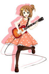 Rule 34 | 1girl, alternate hairstyle, dress, electric guitar, female focus, full body, gibson, gibson les paul, guitar, hamao, hirasawa yui, instrument, k-on!, pantyhose, plectrum, polka dot, ponytail, simple background, solo, white background