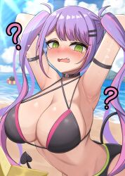 Rule 34 | 1girl, 2023, ?, @ @, alternate breast size, armpits, beach, bikini, black bikini, black bikini bottom, blush, breasts, choker, cleavage, cloud, covered erect nipples, fangs, green eyes, hashira 14, heart, heart tail, highres, hololive, large breasts, long hair, outdoors, piercing, purple hair, seaside, standing, swimsuit, tail, tail ornament, tail piercing, tokoyami towa, twintails, upper body, virtual youtuber