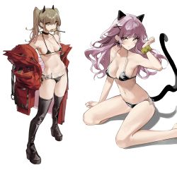 Rule 34 | 2girls, absurdres, alternate costume, animal ears, arm up, armpits, azur lane, bare arms, bare shoulders, belt, bikini, black bikini, black choker, black footwear, boots, breasts, brown eyes, brown hair, buri (retty9349), candy, cat ears, cat girl, cat tail, character request, choker, cleavage, collarbone, cosplay, cross, cross earrings, earrings, food, frown, grey eyes, hair ornament, halterneck, hand on own hip, highres, horns, jacket, jewelry, lollipop, long hair, long sleeves, looking at viewer, medium breasts, mouth hold, multiple girls, navel, off shoulder, open clothes, open jacket, original, puffy sleeves, purple hair, red jacket, scrunchie, side-tie bikini bottom, sitting, small breasts, standing, stomach, strap gap, string bikini, swimsuit, swirl lollipop, taihou (azur lane), taihou (azur lane) (cosplay), taihou (enraptured companion) (azur lane), tail, thigh boots, thighhighs, thighs, transparent, twintails, wrist scrunchie, x hair ornament
