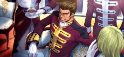 Rule 34 | 4boys, alfred g. darlton, andreas darlton, artist request, ascot, blonde hair, brown hair, chair, code geass, code geass: lost stories, couch, cup, drink, family, father and son, forked eyebrows, game cg, gloves, grey eyes, grin, happy, highres, holding, holding drink, holding saucer, holding teapot, indoors, jacket, long sleeves, looking at viewer, male focus, military uniform, multiple boys, non-web source, official art, on couch, pants, pouring, red jacket, saucer, short hair, sitting, smile, solo focus, sparkle, spiked hair, steam, tea, teacup, teapot, teeth, thick eyebrows, uniform, white ascot, white gloves, white pants