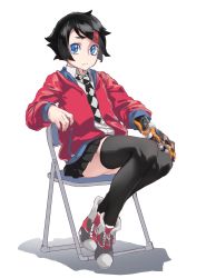 Rule 34 | 1girl, absurdres, black hair, black thighhighs, blue eyes, borrowed character, closed mouth, collared shirt, copyright request, crossed legs, hair ornament, hairclip, highres, jacket, looking at viewer, mechanical arms, miniskirt, necktie, on chair, pleated skirt, red jacket, reiga (act000), sanpaku, shirt, shoes, simple background, single mechanical arm, sitting, skirt, solo, thighhighs, white background, white shirt, wing collar