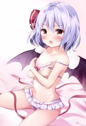 Rule 34 | 1girl, bad id, bad twitter id, bat wings, bed sheet, blush, bow, bow bra, bra, breasts, collarbone, covering privates, covering breasts, frills, groin, highres, hyurasan, light purple hair, looking at viewer, navel, open mouth, panties, red bow, red eyes, red ribbon, remilia scarlet, ribbon, short hair, sitting, small breasts, solo, strap slip, touhou, underwear, underwear only, wariza, wings