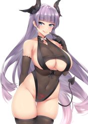 Rule 34 | 1girl, :p, arm behind back, azur lane, black gloves, black leotard, black thighhighs, blue eyes, breasts, closed mouth, clothing cutout, covered navel, curled horns, demon horns, demon tail, elbow gloves, gloves, gluteal fold, gneisenau (azur lane), gneisenau (nightmarish succubus) (azur lane), hair ornament, halloween costume, heart, heart-shaped pupils, horns, kuavera, large breasts, leotard, long hair, looking at viewer, pubic tattoo, purple hair, see-through, simple background, skindentation, solo, standing, symbol-shaped pupils, tail, tattoo, thigh gap, thighhighs, tongue, tongue out, underboob cutout, very long hair, white background