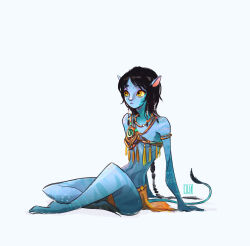 Rule 34 | 1girl, alien, animal ears, animal nose, animification, armlet, avatar: the way of water, barefoot, black hair, blue skin, blue tail, body markings, cat ears, colored sclera, colored skin, flat chest, highres, james cameron&#039;s avatar, james cameron's avatar, jewelry, jun chiu, kiri (avatar), long tail, medium hair, na&#039;vi, narrow waist, navel, necklace, pelvic curtain, short hair, sitting, solo, tail, tribal, white background, yellow eyes, yellow sclera