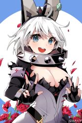 Rule 34 | 1girl, absurdres, ahoge, blue eyes, blush, breasts, cleavage, double v, elphelt valentine, guilty gear, highres, large breasts, looking at viewer, open mouth, short hair, sleepy frippy, smile, solo, teeth, twitter username, upper body, upper teeth only, v, white hair