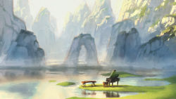 Rule 34 | day, guzheng, highres, instrument, lake, mountain, no humans, original, outdoors, piano, piano bench, reflection, scenery, zeniyan