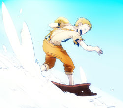 Rule 34 | 1boy, :d, blonde hair, blue background, brown hair, buckle, freckles, ice age (movie), male focus, open mouth, overalls, personification, shirt, short sleeves, sidney (ice age), simple background, smile, snow, snowboard, solo, surfing, suspenders, t k g, water, white shirt, wood