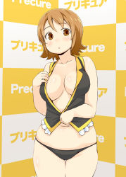Rule 34 | 1girl, bad id, bad pixiv id, bakutendou, blush, breasts, brown eyes, brown hair, happinesscharge precure!, large breasts, looking at viewer, navel, oomori yuuko, open mouth, panties, parody, plump, precure, short hair, sofmap, sofmap background, solo, step and repeat, underwear