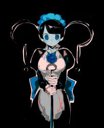 Rule 34 | 1girl, ?, apios, apron, back bow, black background, black dress, black hair, black theme, blue bow, blue flower, blue rose, blue skin, blunt bangs, blush, bow, breasts, cane, character request, colored skin, copyright request, dress, female focus, flower, highres, holding, holding cane, juliet sleeves, long hair, long sleeves, maid, maid headdress, medium breasts, monochrome, outline, puffy sleeves, rose, sidelocks, simple background, sketch, solo, standing, straight-on, twintails, white apron, white outline