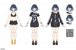 Rule 34 | absurdres, aonikuro, black hair, blush, bracelet, breasts, character sheet, choker, closed eyes, highres, jacket, jewelry, long shirt, loose clothes, loose shirt, medium breasts, off shoulder, original, shirt, shoes, short hair, simple background, smile, sneakers, standing, white background