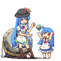 Rule 34 | 2girls, :d, aged down, ahoge, arms up, bare arms, black hat, blue dress, blue hair, blue skirt, blush, boots, bowler hat, brown footwear, buttons, diamond (shape), dress, dual persona, facing another, flat chest, floating, food, frilled dress, frilled skirt, frills, fruit, full body, hair between eyes, hat, hinanawi tenshi, knee boots, leaf, long hair, long shirt, looking at another, looking away, looking up, lowres, magic, multiple girls, no nose, no pupils, open mouth, peach, pigeon-toed, pixel art, puffy short sleeves, puffy sleeves, red eyes, red ribbon, ribbon, rock, rope, shide, shimenawa, short sleeves, sidelocks, simple background, sitting, skirt, smile, spread legs, standing, tongue, touhou, very long hair, vixiv, white background