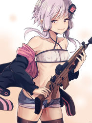 Rule 34 | 1girl, absurdres, animal hood, assault rifle, at2., bandeau, bare shoulders, black thighhighs, blush, breasts, covered erect nipples, denim, denim shorts, fn scar, gun, hair ornament, highres, holding, holding gun, holding weapon, hood, hood down, hooded jacket, hoodie, jacket, light purple hair, looking at viewer, low twintails, machine gun, md5 mismatch, off shoulder, open clothes, open hoodie, purple eyes, purple hair, rabbit hood, rifle, short hair with long locks, shorts, small breasts, smile, solo, strapless, thighhighs, tube top, twintails, vocaloid, voiceroid, weapon, yuzuki yukari