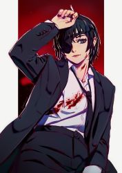Rule 34 | 1girl, arm up, black hair, black jacket, black necktie, black pants, black suit, blood, blood on clothes, blood on face, blue eyes, chainsaw man, cigarette, commentary, commission, cowboy shot, datcravat, english commentary, eyepatch, formal, hand on own head, highres, himeno (chainsaw man), jacket, looking at viewer, necktie, one eye covered, outside border, pants, pillarboxed, red background, shirt, short hair, sitting, smile, solo, suit, white shirt