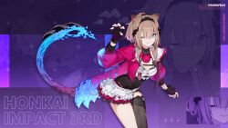 Rule 34 | 1girl, animal ear fluff, animal ears, black gloves, black thighhighs, blue eyes, braid, cat ears, cat girl, cat tail, character name, chinese commentary, fingerless gloves, gloves, high ponytail, highres, honkai (series), honkai impact 3rd, jacket, logo, looking at viewer, medium hair, nail, official alternate costume, official art, official wallpaper, one eye closed, open hands, pardofelis (honkai impact), pink jacket, pink sleeves, purple background, single bare leg, single thighhigh, skirt, smile, solo, tail, thighhighs, upper body, white skirt