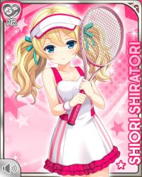 Rule 34 | 1girl, angry, blonde hair, blue eyes, card (medium), character name, closed mouth, cuffs, dress, girlfriend (kari), hair ribbon, holding, jacket, looking at viewer, official art, pink background, qp:flapper, racket, red jacket, ribbon, rooftop, school, shiratori shiori, tagme, tennis racket, twintails, v-shaped eyebrows, visor cap, white dress