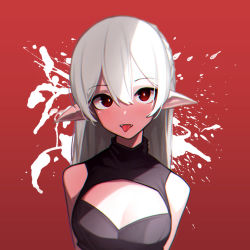 Rule 34 | 1girl, absurdres, arknights, bare shoulders, beudelb, black shirt, blush, breasts, chromatic aberration, cleavage cutout, clothing cutout, colored skin, fangs, full-face blush, hair between eyes, highres, korean commentary, looking at viewer, pointy ears, red background, red eyes, shirt, simple background, sleeveless, sleeveless shirt, small breasts, solo, tongue, tongue out, upper body, vampire, warfarin (arknights), white hair, white skin
