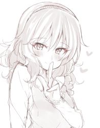 Rule 34 | 10s, 1girl, blush, breasts, closed mouth, eyelashes, finger to mouth, hairband, heart, idolmaster, idolmaster cinderella girls, index finger raised, jiino, long hair, long sleeves, looking at viewer, monochrome, sakurai momoka, sidelocks, simple background, sketch, small breasts, smile, solo, tsurime, upper body, white background