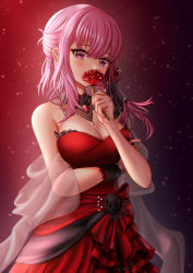 Rule 34 | 1girl, bare shoulders, blush, breasts, cleavage, covering own mouth, dealesis, dress, flower, hair between eyes, highres, hololive, hololive english, large breasts, long hair, looking at viewer, mori calliope, mori calliope (party dress), pink eyes, pink hair, red dress, rose, sarong, see-through sarong, translucent, virtual youtuber