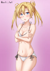 Rule 34 | 1girl, abukuma (kancolle), anti (untea9), bikini, blonde hair, blue eyes, breasts, cleavage, commentary request, commission, cowboy shot, crossed arms, double bun, gradient background, hair between eyes, hair bun, hair rings, highres, kantai collection, long hair, looking at viewer, pink background, side-tie bikini bottom, small breasts, solo, swimsuit, twitter username, white bikini