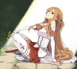 Rule 34 | 10s, 1girl, arm support, armor, asuna (sao), bare shoulders, breastplate, brown eyes, brown hair, detached sleeves, hand on own knee, leaning back, long hair, mura (kanojo no oukoku), sidelocks, sitting, skirt, smile, solo, spotlight, sword, sword art online, thighhighs, very long hair, weapon, white thighhighs