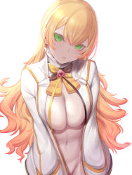 Rule 34 | 1girl, absurdres, blonde hair, bow, bowtie, breasts, cleavage, closed mouth, green eyes, hair between eyes, hands in pockets, highres, hololive, jacket, kumiko shiba, large breasts, long hair, long sleeves, looking at viewer, momosuzu nene, open clothes, open jacket, simple background, solo, symbol-only commentary, virtual youtuber, white background, white jacket