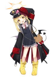 Rule 34 | 1girl, absurdres, black coat, black dress, black hat, black tail, black wings, blonde hair, bloomers, blue archive, blush, boots, coat, collared shirt, demon tail, demon wings, dress, full body, halo, hat, highres, ibuki (blue archive), long hair, looking at viewer, minazuki (uraha246), open clothes, open coat, open mouth, peaked cap, pinafore dress, red ribbon, ribbon, shirt, side ponytail, simple background, sleeveless, sleeveless dress, sleeves past fingers, sleeves past wrists, smile, solo, tail, underwear, white background, white bloomers, white shirt, wings, yellow eyes, yellow footwear, yellow halo