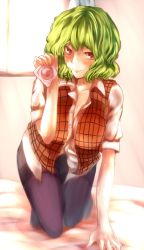 Rule 34 | 1girl, arm support, bed, breasts, collarbone, condom, dress shirt, female focus, green hair, highres, indoors, kazami yuuka, large breasts, leaning forward, looking at viewer, no pants, pantyhose, plaid, red eyes, ripu (lipi), shirt, short hair, solo, touhou, vest, wavy hair, window