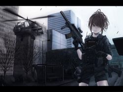 Rule 34 | 1girl, ah-64, ah-64 apache, aircraft, airplane, assault rifle, bad id, bad pixiv id, bench, black eyes, black hair, building, bus stop, call of duty, call of duty: modern warfare 3, cityscape, explosive, gas mask, gloves, grenade, gun, gunship, h&amp;k g36, h&amp;k usp, handgun, heckler &amp; koch, helicopter, helicopter gunship, koh (minagi kou), letterboxed, load bearing vest, long hair, looking at viewer, mask, pistol, rifle, shorts, sky, sleeves rolled up, solo, suppressor, tree, watch, weapon