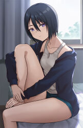 Rule 34 | 1girl, black hair, bob cut, breasts, closed mouth, commentary request, hair between eyes, hashi, holding own leg, hood, hoodie, looking at viewer, original, short hair, short shorts, shorts, simple background, sitting, small breasts, smile, solo, tank top, thighs