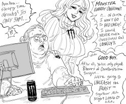 Rule 34 | !?, 1boy, 1girl, ara ara, bb (baalbuddy), breasts, catchphrase, commission, computer keyboard, computer mouse, counter-strike, counter-strike (series), dutch angle, energy drink, english text, eye contact, facial hair, fat, fat man, glasses, greyscale, hand on shoulder, highres, keyboard, keyboard (computer), large breasts, long hair, looking at another, monitor, monochrome, monster energy, mouse (computer), nail polish, open mouth, original, otaku, personification, ponytail, product placement, ribbed sweater, romaji text, round eyewear, sexually suggestive, simple background, smile, speech bubble, spoken interrobang, stubble, sweat, sweater, white background, wide-eyed