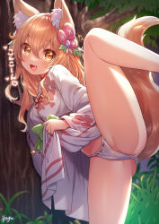 Rule 34 | 1girl, absurdres, against tree, animal ear fluff, animal ears, ass, brown eyes, brown hair, cameltoe, clothes lift, commentary request, fang, floral print, fox ears, fox girl, fox tail, hair ornament, highres, japanese clothes, kimono, kimono lift, korin (shironeko project), leaning forward, leg lift, leg up, legs, lifted by self, long hair, open mouth, outdoors, presenting, print kimono, shironeko project, smile, solo, spread legs, tail, thighs, tree, white kimono, yufukiri, yukata