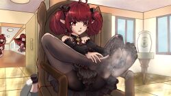 Rule 34 | 1girl, chair, dungeon and fighter, enchantress (dungeon and fighter), feet, highres, long hair, mage (dungeon and fighter), panties, panties under pantyhose, pantyhose, pantyshot, parted lips, pointy ears, red eyes, red hair, soles, steam, toes, twintails, underwear