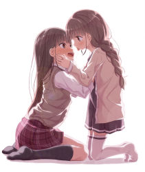 Rule 34 | 2girls, after kiss, age difference, black socks, blush, braid, brown dress, brown eyes, brown hair, brown jacket, child, collared shirt, commentary request, dress, eye contact, french kiss, hand on another&#039;s cheek, hand on another&#039;s face, jacket, kago no tori, kiss, kneehighs, kneeling, long hair, long sleeves, looking at another, multiple girls, no shoes, nose blush, onee-loli, open clothes, open jacket, open mouth, original, plaid, plaid skirt, pleated dress, pleated skirt, profile, red skirt, saliva, saliva swap, saliva trail, shadow, shirt, sitting, skirt, socks, sweater vest, thighhighs, tongue, tongue out, very long hair, wariza, white background, white legwear, white shirt, yuri