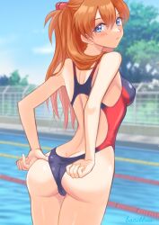 Rule 34 | 1girl, artist name, ass, bacillus, blue eyes, blush, brown hair, butt crack, cameltoe, curvy, day, highleg, highleg one-piece swimsuit, interface headset, long hair, looking at viewer, looking back, neon genesis evangelion, one-piece swimsuit, shiny skin, skindentation, sky, solo, souryuu asuka langley, swimsuit, two side up, wide hips