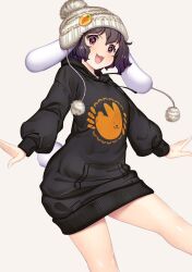 Rule 34 | 1girl, :3, alternate costume, animal ears, badge, beanie, black hair, black hoodie, blush, breasts, brown hat, button badge, carrot pin, commentary request, cowboy shot, floppy ears, hat, hataraki kuma, hood, hoodie, inaba tewi, looking at viewer, medium bangs, no pants, open mouth, pom pom (clothes), rabbit ears, rabbit girl, rabbit tail, short hair, simple background, small breasts, smile, solo, tail, touhou, v-shaped eyebrows, white background
