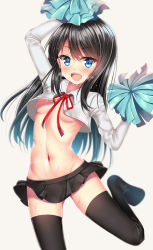 Rule 34 | 10s, 1girl, :d, adapted costume, alternate costume, armpits, asashio (kancolle), black hair, black thighhighs, blue eyes, blue skirt, breasts, cheering, cheerleader, collarbone, crop top, grey background, highres, holding, kantai collection, long hair, long sleeves, miniskirt, navel, no bra, open mouth, pleated skirt, pom pom (cheerleading), puririn, red ribbon, ribbon, simple background, skirt, small breasts, smile, solo, standing, standing on one leg, stomach, sweat, swept bangs, thighhighs, very sweaty
