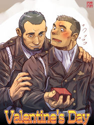 Rule 34 | 2boys, absurdres, age difference, bara, blush, box, bunta ru, collared jacket, couple, flying sweatdrops, gift, gift box, hand on another&#039;s shoulder, highres, jacket, male focus, mature male, multiple boys, muscular, muscular male, old, old man, original, short hair, sideburns, smile, thick eyebrows, undercut, upper body, valentine, winter clothes, wrinkled skin, yaoi