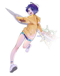 Rule 34 | 1girl, absurdres, blue eyes, blue hair, brown eyes, fabit s, fingernails, heterochromia, highres, holding, holding pen, hood, hood down, hoodie, ooto ai, open mouth, oversized object, pen, running, short shorts, shorts, simple background, solo, teeth, tongue, white background, white footwear, wonder egg priority, yellow hoodie