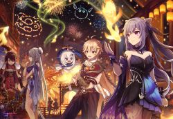 Rule 34 | 3boys, 4girls, :d, aerial fireworks, aether (genshin impact), ahoge, architecture, artist name, bare shoulders, beidou (genshin impact), belt, black cape, black dress, black gloves, blonde hair, blue dress, book, braid, braided ponytail, bright pupils, brown gloves, brown hair, brown pants, brown pantyhose, brown shirt, building, cape, chongyun (genshin impact), cleavage cutout, closed mouth, clothing cutout, collarbone, colored eyepatch, commentary request, cone hair bun, cowboy shot, cropped shirt, detached collar, diamond-shaped pupils, diamond (shape), double bun, dress, earrings, east asian architecture, eyepatch, festival, fingerless gloves, fireworks, fish, floating, fur-trimmed cape, fur trim, genshin impact, gloves, gold trim, goldfish, grey hair, hair between eyes, hair bun, hair ornament, hair ribbon, hairpin, halo, hand up, holding, holding book, house, jewelry, keqing (genshin impact), keqing (opulent splendor) (genshin impact), lantern, long hair, long sleeves, looking at another, medium hair, multiple boys, multiple girls, night, night sky, ningguang (genshin impact), ningguang (orchid&#039;s evening gown) (genshin impact), official alternate costume, one eye covered, open book, open mouth, outdoors, paimon (genshin impact), pants, pantyhose, paper lantern, pearl hair ornament, pelvic curtain, profile, purple eyes, purple hair, reading, red cape, red dress, red eyes, ribbon, scarf, shirt, sidelocks, signature, single braid, single earring, sky, sleeveless, sleeveless dress, smile, standing, star (symbol), strapless, strapless dress, su34ma, swept bangs, symbol-shaped pupils, tassel, twintails, twitter username, very long hair, vision (genshin impact), white hair, white pupils, white scarf, wide sleeves, xingqiu (genshin impact), yellow eyes