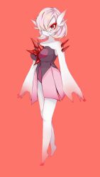 Rule 34 | 1girl, absurdres, alternate color, alternate shiny pokemon, arms at sides, bare shoulders, barefoot, bob cut, breasts, closed mouth, collarbone, colored skin, creatures (company), dress, eyeshadow, female focus, full body, game freak, gardevoir, gem, gen 3 pokemon, hair over one eye, highres, legs, leotard, leotard under clothes, makeup, medium breasts, nintendo, one eye covered, pink hair, pokemon, pokemon (creature), purple leotard, red background, red eyes, red eyeshadow, red gemstone, short dress, short hair, simple background, solo, standing, tiptoes, two-tone dress, white skin, yesheng miao miao jiang