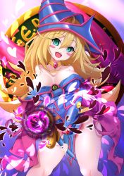 Rule 34 | 1girl, absurdres, blonde hair, blue hat, blush stickers, breasts, cleavage, dark magician girl, duel monster, gem, green eyes, hat, hexagram, highres, huuuna, jewelry, large breasts, necklace, open mouth, pentacle, pentagram, solo, staff, thighhighs, wand, wizard hat, yu-gi-oh!
