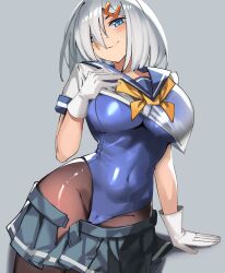 Rule 34 | 1girl, black pantyhose, blue eyes, breasts, clothes lift, clothes pull, gloves, grey background, grey hair, hair ornament, hair over one eye, hairclip, hamakaze (kancolle), hand on own chest, highres, kantai collection, large breasts, looking at viewer, neckerchief, one-piece swimsuit, pantyhose, pantyhose under swimsuit, pleated skirt, sailor collar, school uniform, see-through, see-through shirt, serafuku, shirt lift, short hair, short sleeves, simple background, simplecar, skirt, skirt pull, smile, swimsuit, swimsuit under clothes, white gloves, white hair, yellow neckerchief