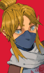 Rule 34 | 1boy, blonde hair, blue eyes, cropped shoulders, hair bun, link, looking at viewer, male focus, mask, mouth mask, nintendo, pointy ears, red background, saltycatfish, scarf, simple background, stealth set (zelda), the legend of zelda, the legend of zelda: breath of the wild