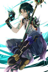 Rule 34 | 1boy, absurdres, ahoge, arm tattoo, armor, asymmetrical clothes, bead necklace, beads, blue pants, boots, closed mouth, commentary request, detached sleeves, facial mark, forehead mark, full body, genshin impact, gloves, green hair, highres, holding, holding mask, jewelry, knee up, looking to the side, male focus, mask, unworn mask, necklace, nyoki, pants, pelvic curtain, polearm, short hair, shoulder armor, single detached sleeve, sitting, slit pupils, solo, tattoo, vision (genshin impact), weapon, xiao (genshin impact), yellow eyes
